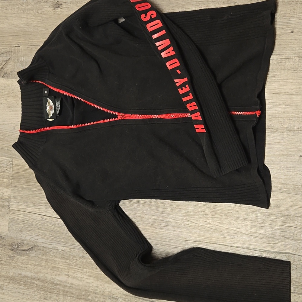 Harley-Davidson Women’s Black Zip-Up Sweater — Red Logo Sleeve, Knit Biker Jacke